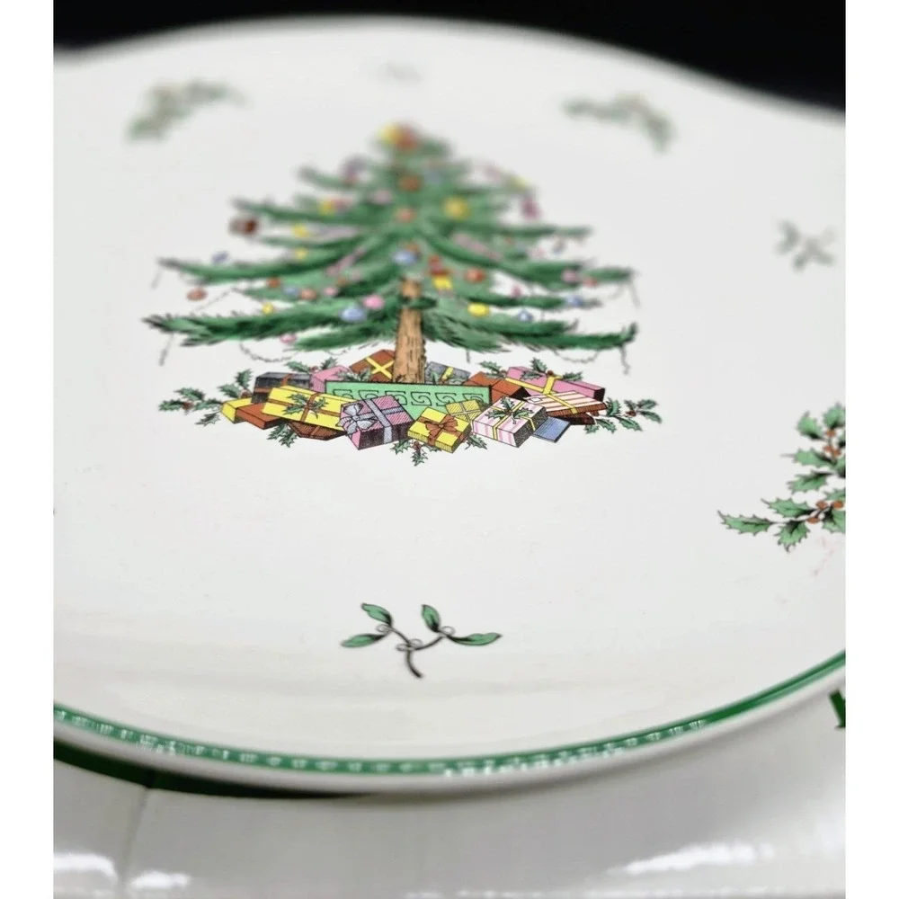 Vintage Spode Christmas Tree Round Cake Plate Serving Santa Claus Handles Box